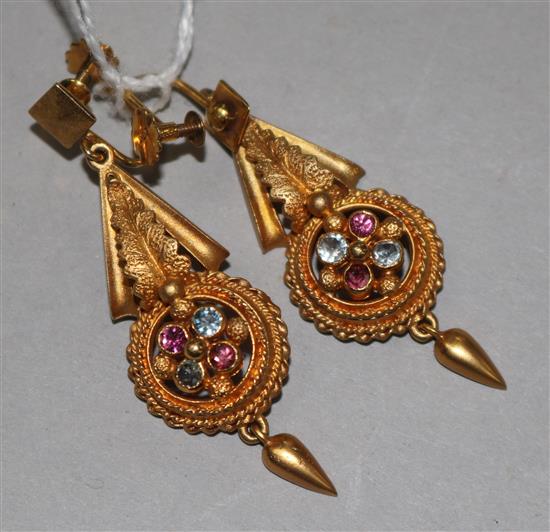 A pair of Victorian style 9ct gold and gem set drop earrings, 40mm.